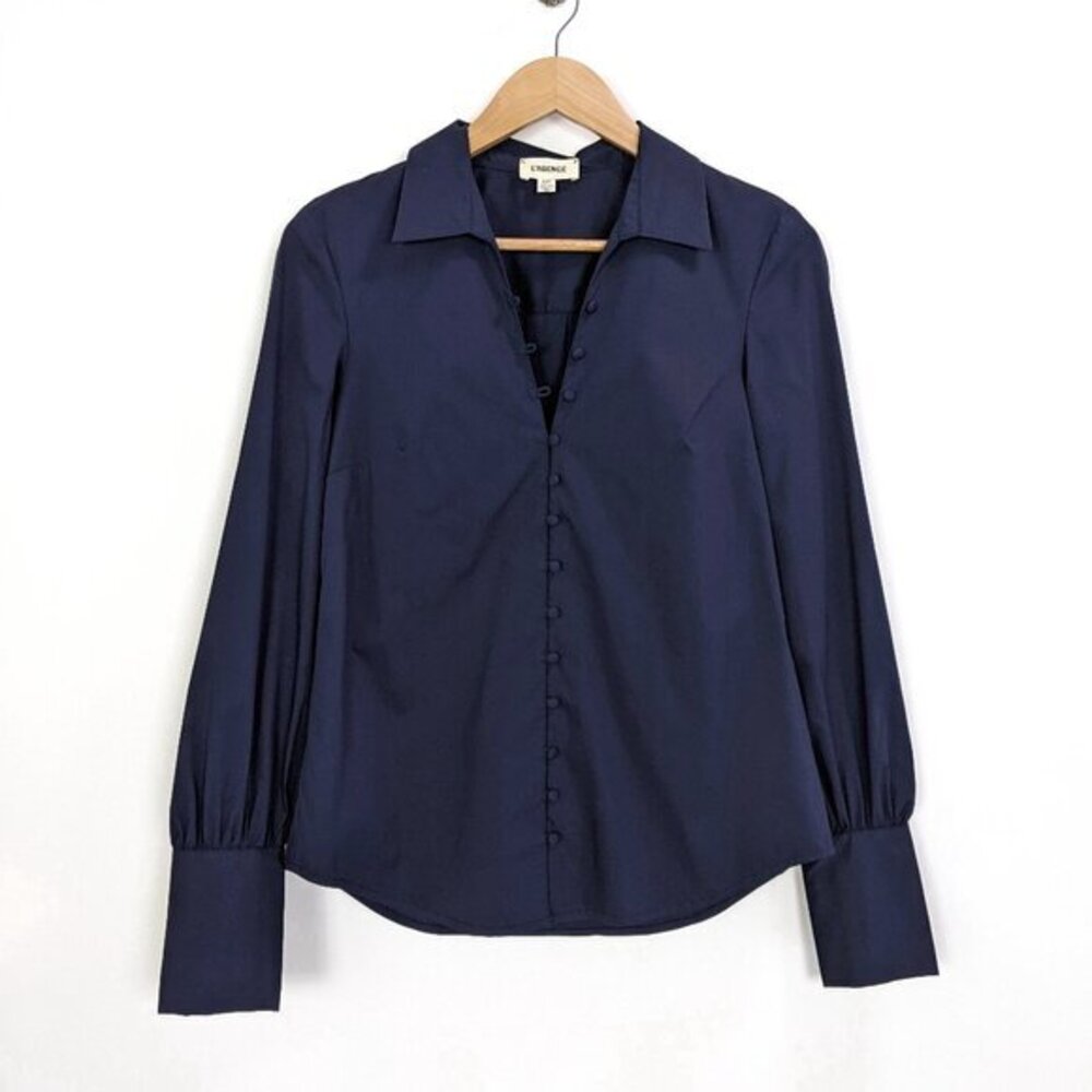 NWOT L'AGENCE Womens Loop Button Puff Sleeve Button Cuff Blouse Dark Navy Size S